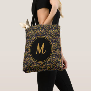Bolso De Tela Monograma Art Déco del patrón oro negro