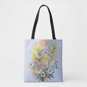 Bolso De Tela Monograma azul acuarela Primavera Flores Bouquet
