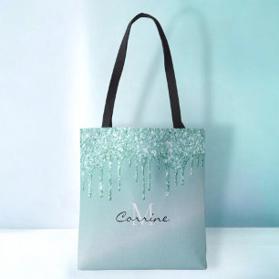 Bolso De Tela Monograma Azul Acuático Brillo Metálico Nombre