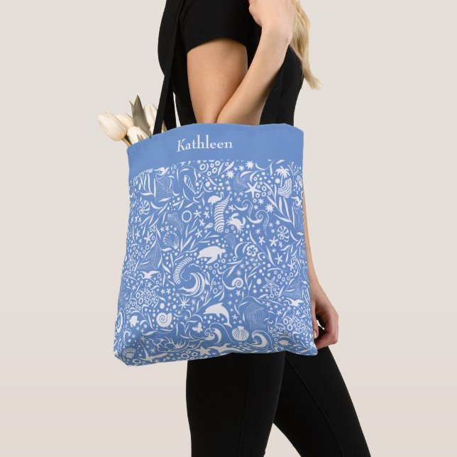 Bolso De Tela Monograma azul Añadir su nombre Patrón oceánico (Detalle)