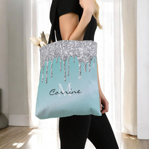 Bolso De Tela Monograma Azul Aqua + Glitter Plateado Nombre