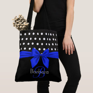 Bolso De Tela Monograma azul blanco negro guión Polka puntos mod