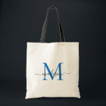 Bolso De Tela Monograma azul de la Marina de Moda moderna Nombre<br><div class="desc">Monograma blanco azul de la marina moderna Elegante guión moderno nombre Tote Bag</div>