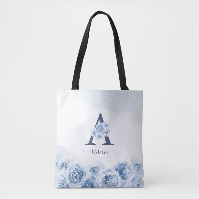 Bolso De Tela Monograma azul floral personalizada dama de honor (Anverso)