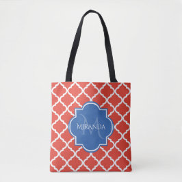 Bolso De Tela Monograma azul trendy y quatrefoil rojo