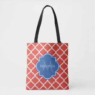 Bolso De Tela Monograma azul trendy y quatrefoil rojo