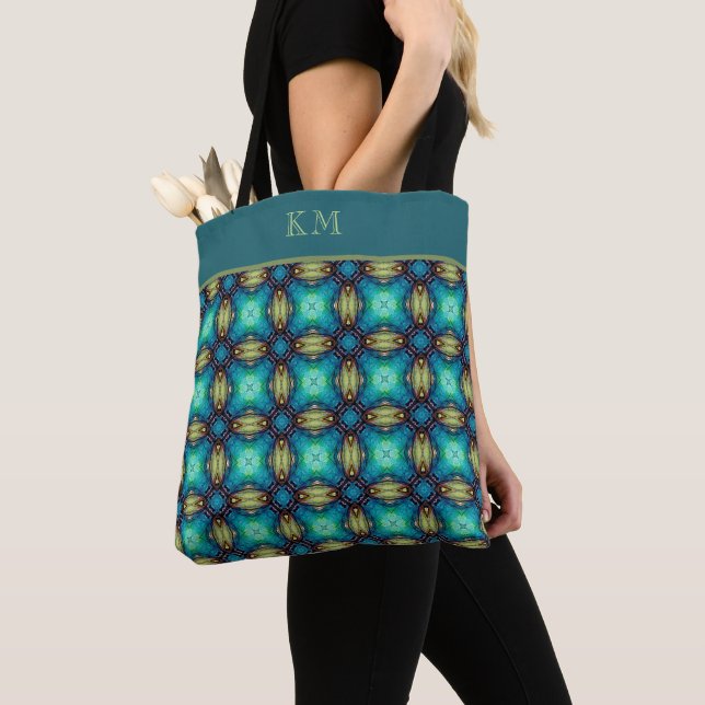 Bolso De Tela Monograma Azul Verde azulado Abstracto Moda Floral (Detalle)