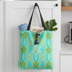 Bolso De Tela Monograma Azul Verde Oro Diamantes y Flores