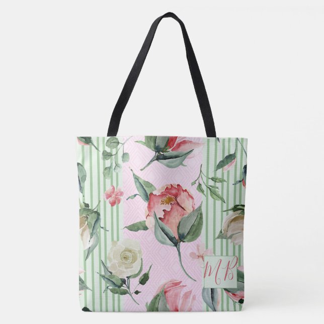 Bolso De Tela Monograma Banda verde rosa floral Pastel (Anverso)