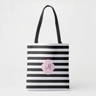 Bolso De Tela Monograma Bandas negras y blancas con rosado paste