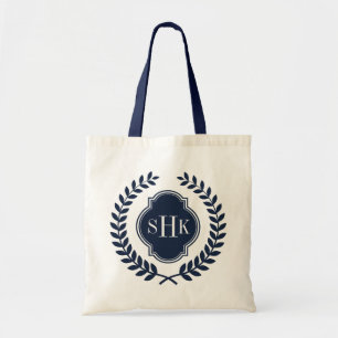 Bolso De Tela Monograma blanco Escudo de la guirnalda azul de la