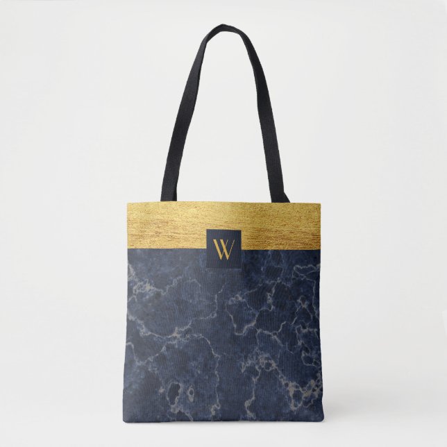 Bolso De Tela Monograma Blue Faux Marble & Gold TexPattern (Anverso)