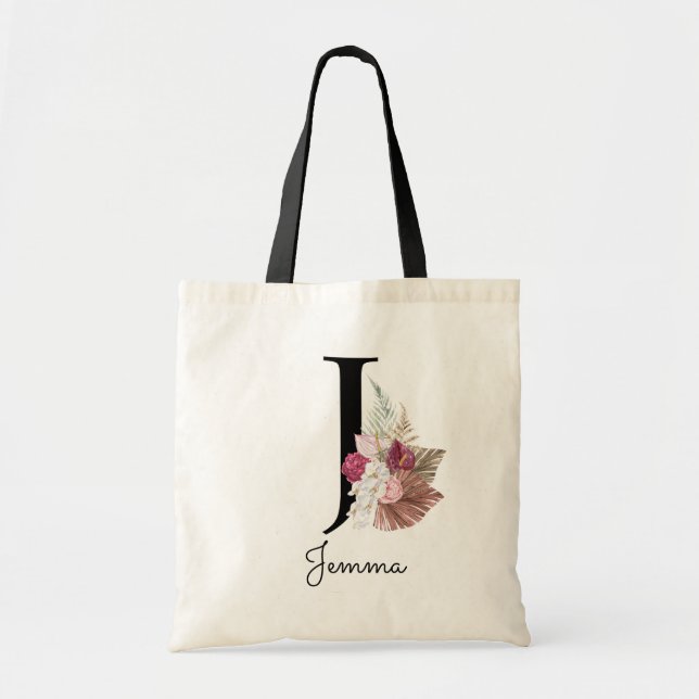 Bolso De Tela Monograma Boho Rosa Girly Floral Inicial J (Frente)