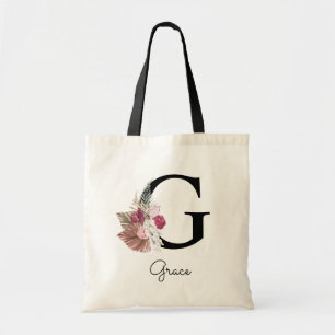 Bolso De Tela Monograma Boho rosa Giro Floral Inicial G