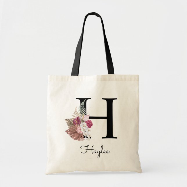 Bolso De Tela Monograma Boho rosa Giro Floral Inicial H (Frente)