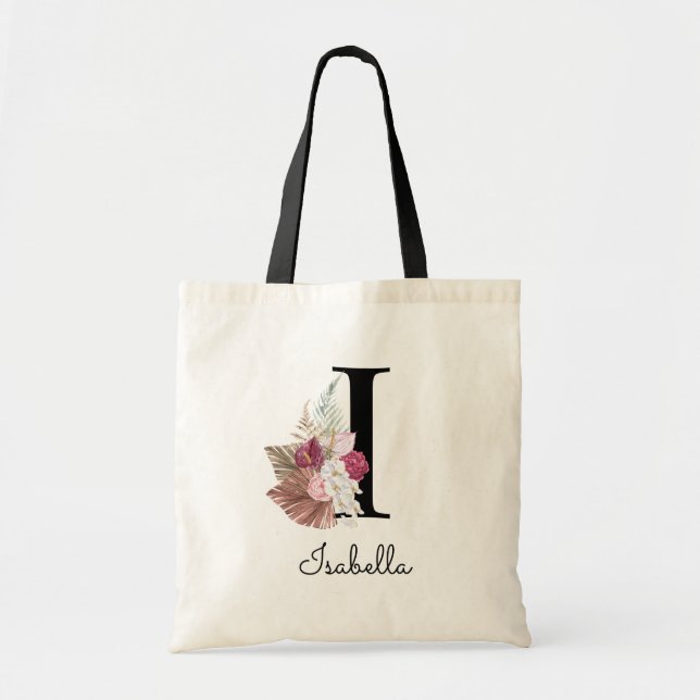 Bolso De Tela Monograma Boho rosa Giro Floral Inicial I (Frente)