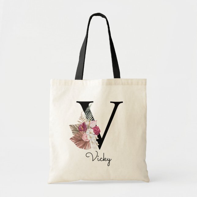 Bolso De Tela Monograma Boho rosa Giro Floral Inicial V (Frente)