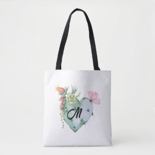 Bolso De Tela Monograma Bonito inicial Flores de color de agua v