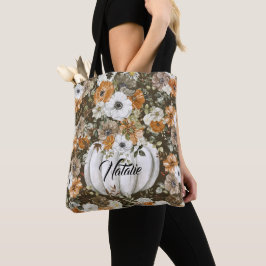 Bolso De Tela Monograma bonito jardín vintage floral con calabaz