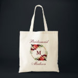 Bolso De Tela Monograma Burgundy Floral Gold Circle Bridesmaid<br><div class="desc">Color de agua Borgoña Marsala Floral Círculo de oro Monograma de la dama de honor Tote Bag</div>
