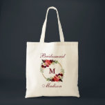 Bolso De Tela Monograma Burgundy Floral Gold Circle Bridesmaid<br><div class="desc">Color de agua Borgoña Marsala Floral Círculo de oro Monograma de la dama de honor Tote Bag</div>