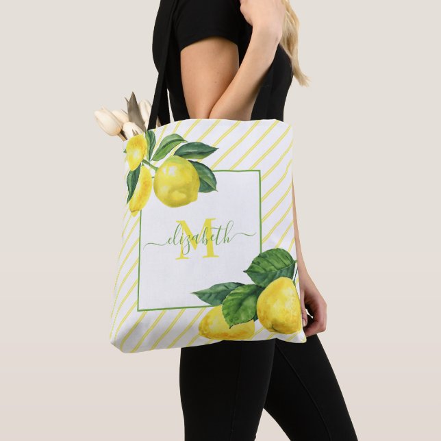 Bolso De Tela Monograma campo limones acuarela franjas rústicas (Detalle)
