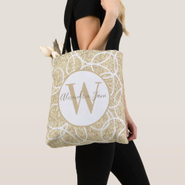 Bolso De Tela Monograma Círculo Blanco Oro Purpurina Resumen mod