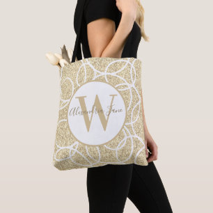 Bolso De Tela Monograma Círculo Blanco Oro Purpurina Resumen mod
