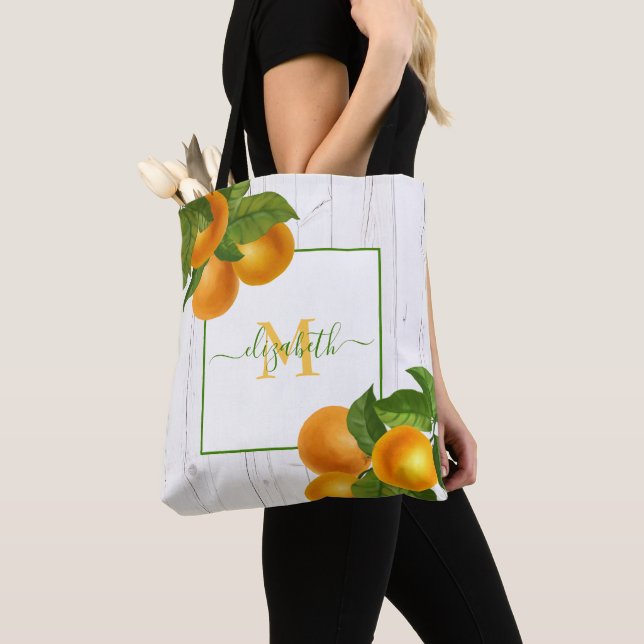 Bolso De Tela Monograma cítricos naranjas acuarela madera rústic (Detalle)