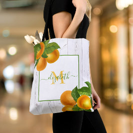 Bolso De Tela Monograma cítricos naranjas acuarela madera rústic