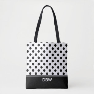 Bolso De Tela Monograma clásico de puntos de polka blanca y negr