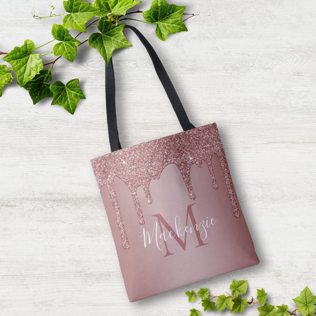 Bolso De Tela Monograma con Brillo de Oro Rosa Chic (Chic Rose Gold Glitter Drips Monogram Tote Bag)