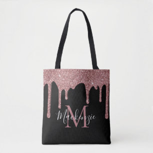 Bolso De Tela Monograma con gotas de brillo de oro rosa chic neg