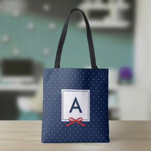Bolso De Tela Monograma con patrón de lunares azules y cinta roj