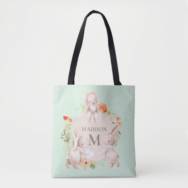 Bolso De Tela Monograma Conejo Conejo Floral Pascua Personalizad (Anverso)