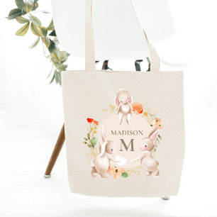 Bolso De Tela Monograma Conejo Conejo Floral Pascua Personalizad