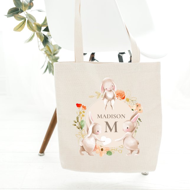 Bolso De Tela Monograma Conejo Conejo Floral Pascua Personalizad (Subido por el creador)