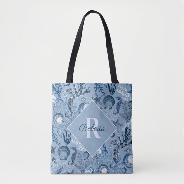 Bolso De Tela Monograma costero de la vida marina azul (Anverso)