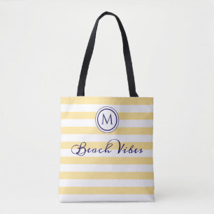 Bolso De Tela Monograma Costero de Rayas Amarillas y Blancas Vib