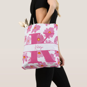 Bolso De Tela Monograma Daisies rosados iniciales Flores acuátic