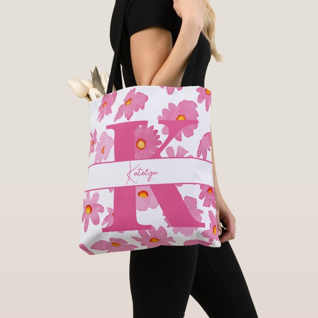 Bolso De Tela Monograma Daisies rosados iniciales Flores acuátic (Detalle)