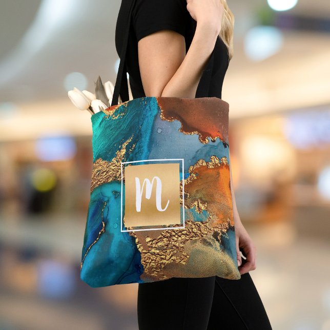 Bolso De Tela Monograma de acuarela de mármol turquesa dorado y  (Subido por el creador)