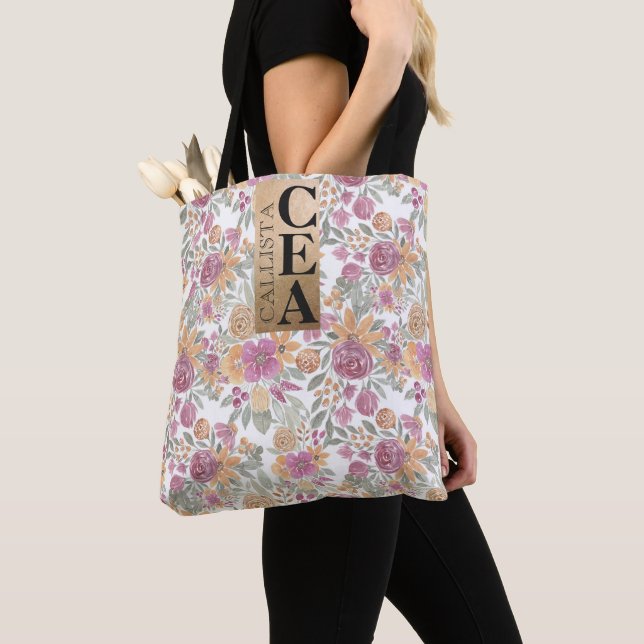 Bolso De Tela Monograma de acuarela dorada rosada floral (Detalle)