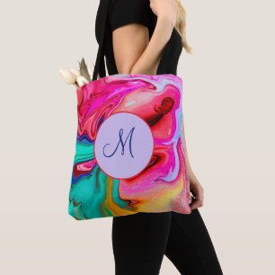 Bolso De Tela Monograma de acuarela rosa azul moderno