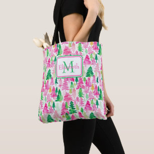 Bolso De Tela Monograma de árboles de Navidad Preppy rosa y verd