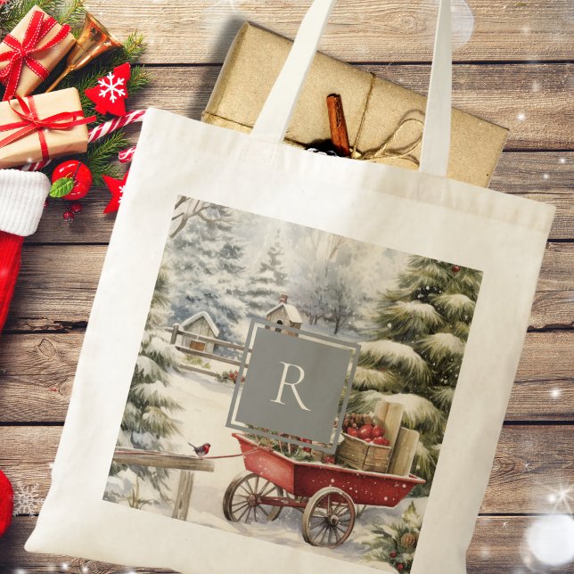 Bolso De Tela Monograma de Árboles navideños de acuarela rústica (Subido por el creador)