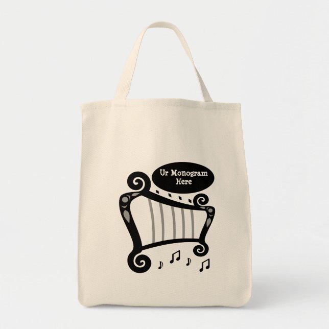 Bolso De Tela Monograma de arpa blanca y negra (Frente)