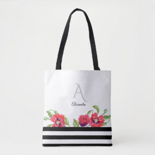 Bolso De Tela Monograma de arte floral de acuarela roja de lapac