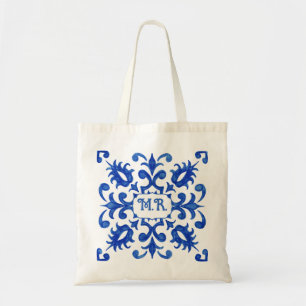 Bolso De Tela Monograma de Baldosa Azul Portuguesa Mediterránea