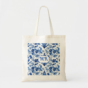 Bolso De Tela Monograma de Baldosa Floral Azul Mediterráneo
